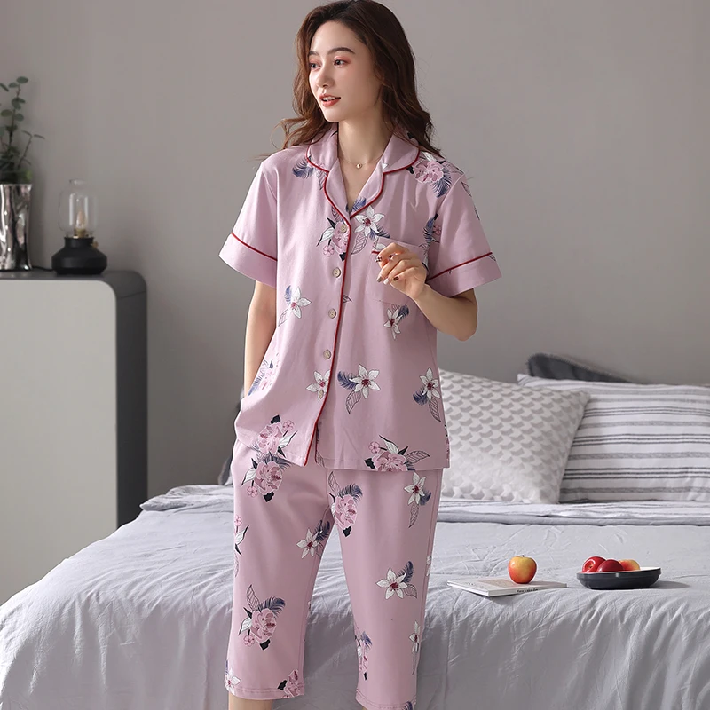 M-4XL Kadın Pijama Set Yaz Pijama Gevşek Ev Giysileri %100 % Pamuk Turn-aşağı Yaka Pijama