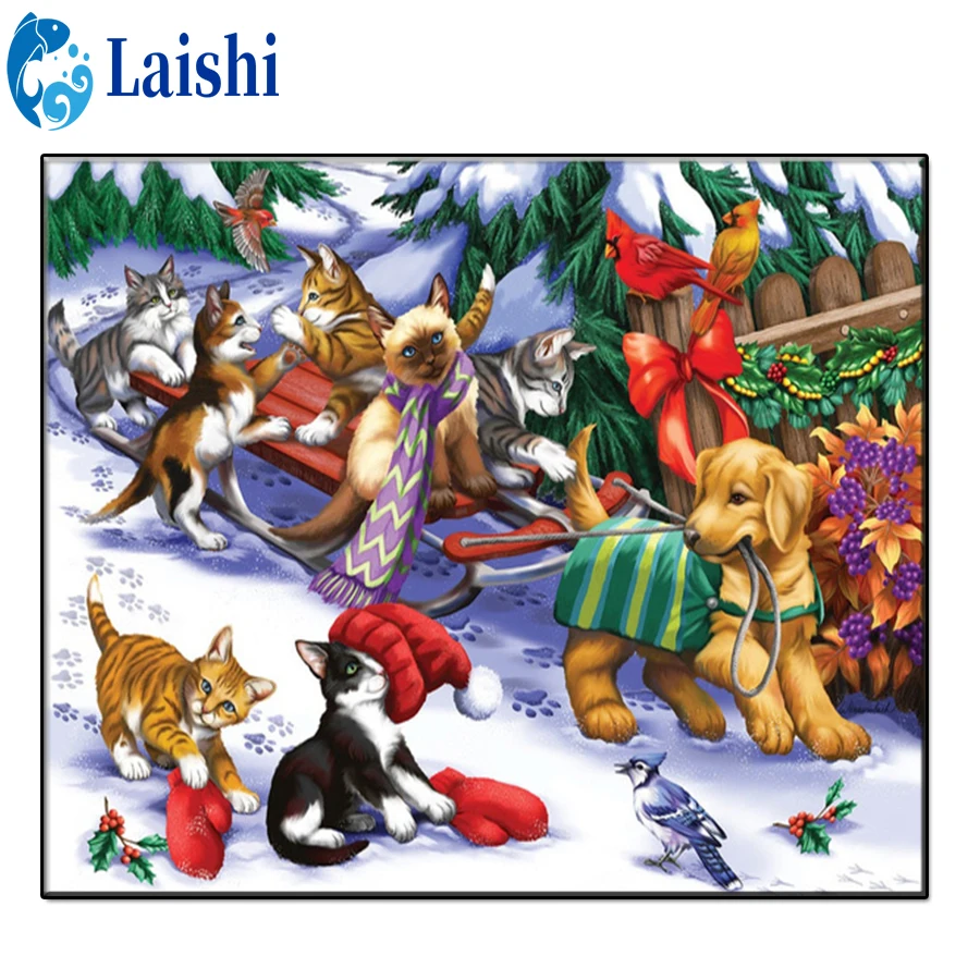 Manevi değeri olan DİY 5D Kar manzaraları, kedi ve köpek, Noel manzara Elmas Resim Çapraz Dikiş Kitleri Mozaik Sanatı Resim Dekor