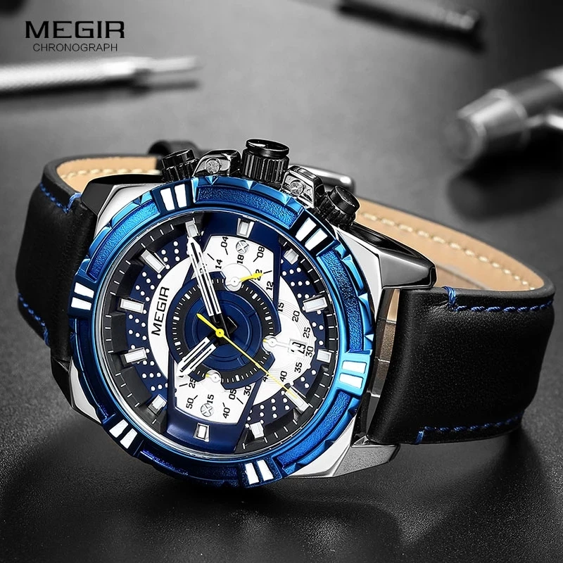 MEGIR männer Lederband Armee Sport Casual Uhren Wasserdicht Leucht Armee Armbanduhr Mann Relogios Masculino Uhr 2118 Blau