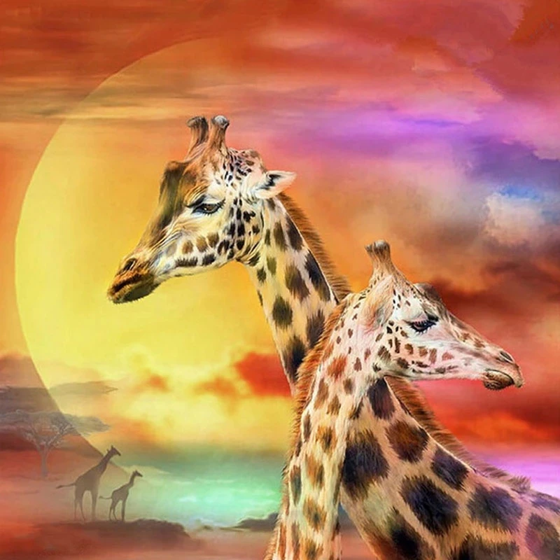 Mozaik nakış çapraz dikiş Zürafalar ve Günbatımı ev dekor hediye yuvarlak 3D diy elmas boyama ücretsiz çapraz dikiş kitleri