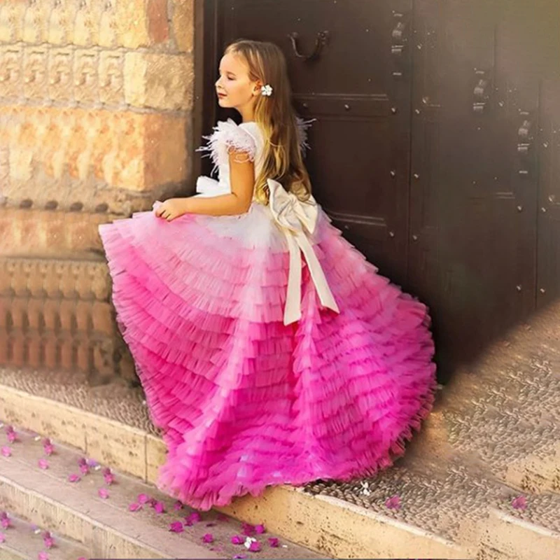 Muhteşem Çiçek Kız Elbise Kabarık Tül Pageant Doğum Günü Partisi Prenses Elbise İlk Communion Elbise