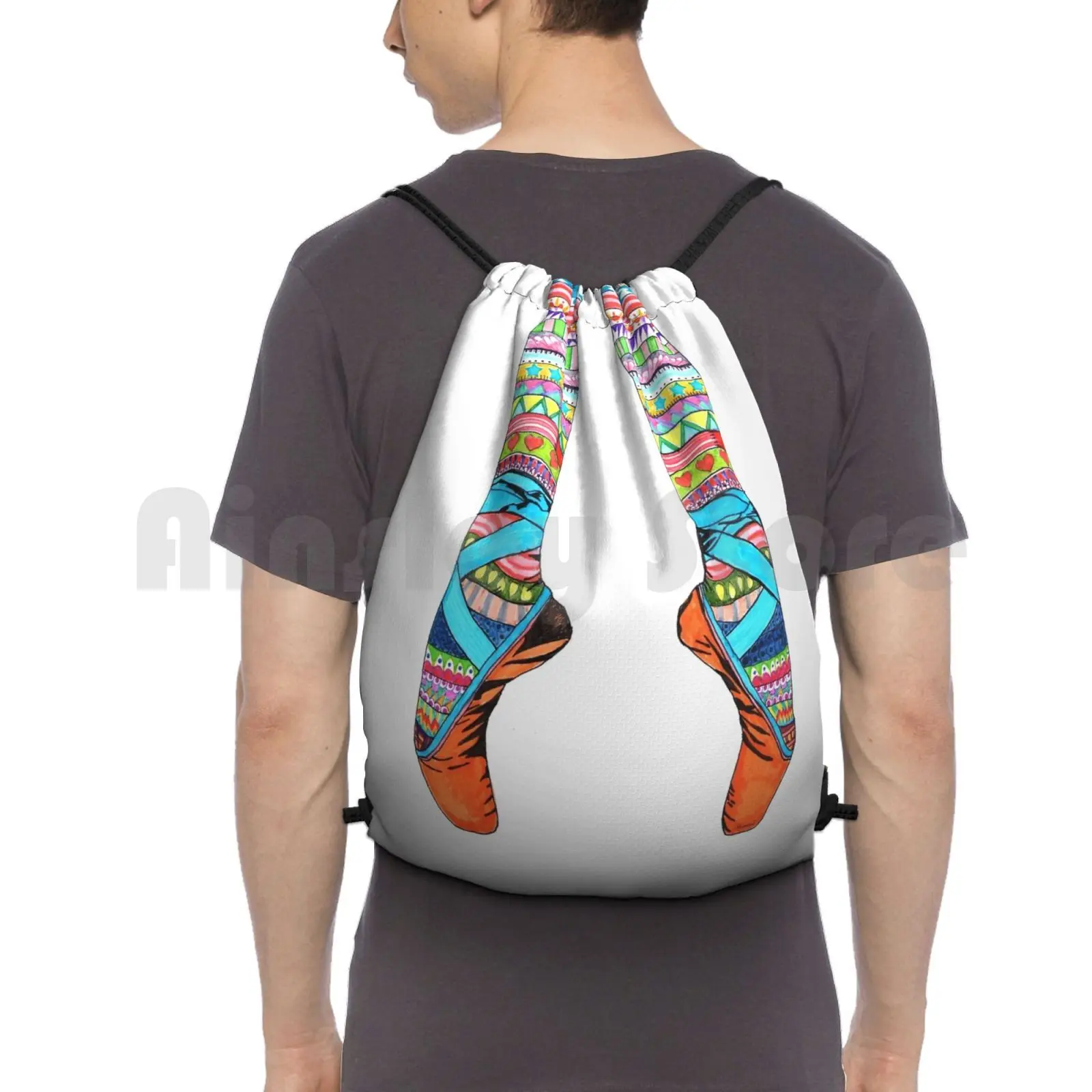 Mutlu Bale Sırt Çantası İpli Çanta spor çanta Su Geçirmez Elle Çizilmiş Renkli bale ayakkabıları Bacaklar Çorap Çizgili Doodle