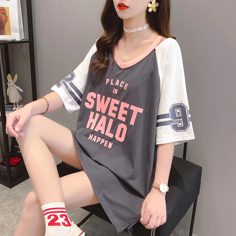 Net kırmızı ıns süper sıcak kısa kollu tişört kadın yaz ve Kore versiyonu gevşek orta uzunlukta büyük sürüm kişiselleştirilmiş V-ne