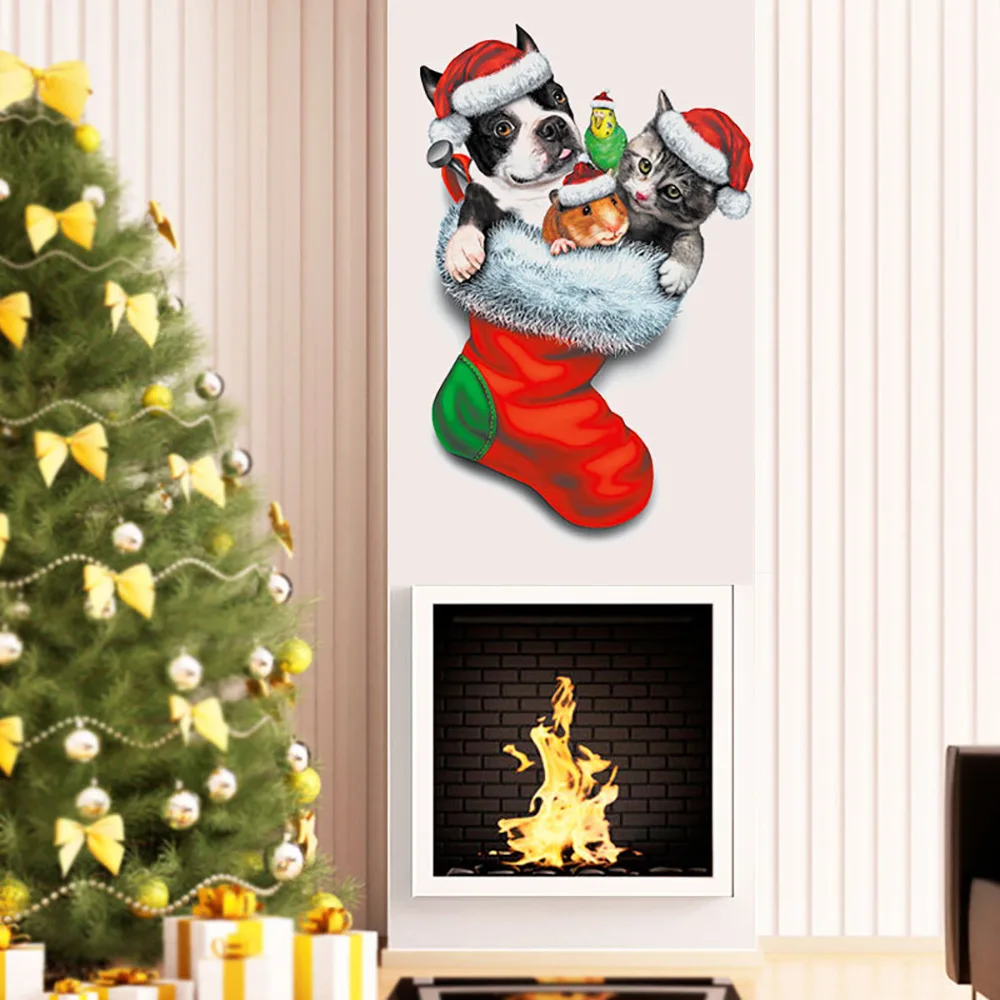 Noel duvar çıkartmaları Çorap Pet Kedi Köpek Hamster Arka Plan Duvar Dekorasyon Kendinden yapışkanlı Ayrılabilir Sticker A004