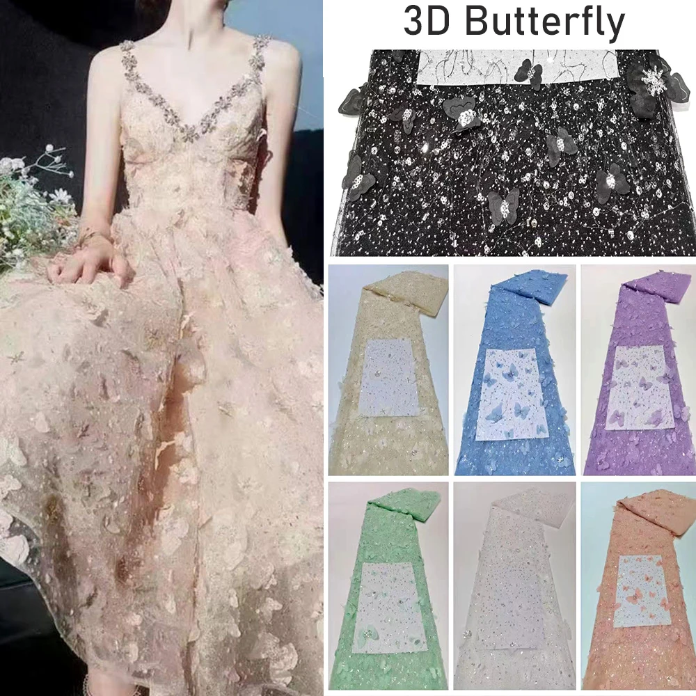 Popüler 3D Kelebek İşlemeli Sequins Dantel parıltılı kumaş Tül Mesh Fransız Parti Elbise Şeffaf Tekstil Dikiş Malzemesi