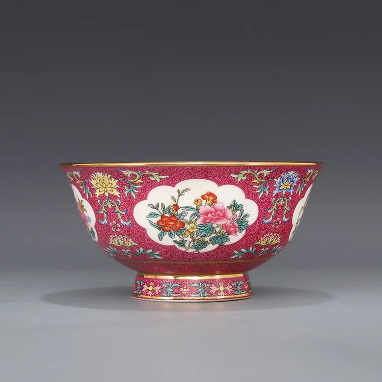 Qing Hanedanı Qianlong Yıl İşareti Kase Pastel Renk Çiçek Boyama Altın Çiçek Desen Kase Antika Porselen Koleksiyonu