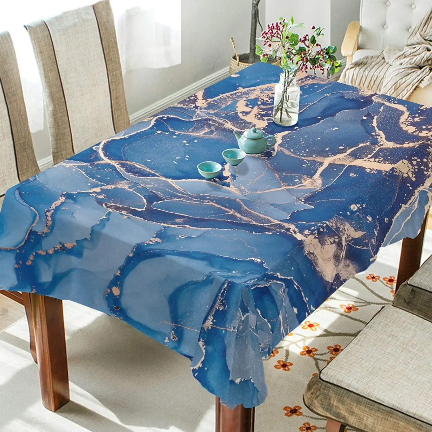 Romanti Dikdörtgen Masa Örtüsü Mavi Mermer Mürekkep Altın Modern Sıvı Sanat Piknik Masa Örtüsü