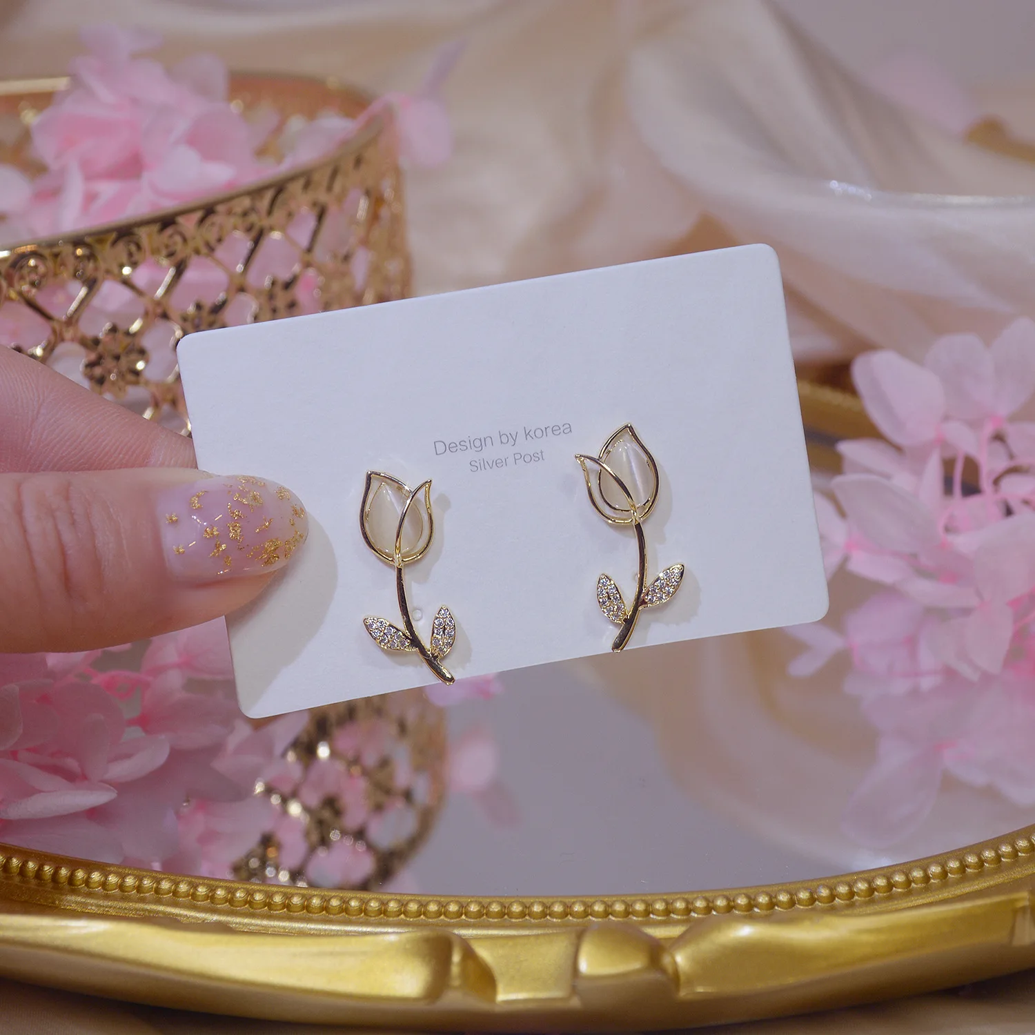 Romantik S925 Gümüş İğne Lale Çiçek Opal Küpe Mikro Kakma Zirkon Aksesuarları Kadın Gül Takı