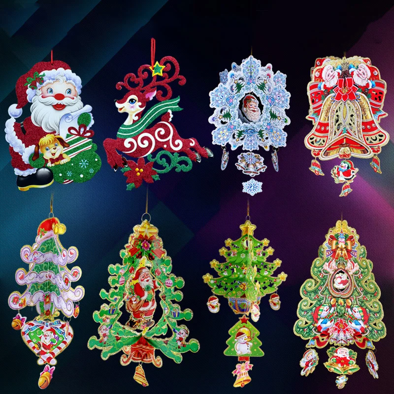 Santa Noel Asılı Resim Sergisi Dükkanı Giyinmek Süsler Chrismas Üç Boyutlu Kar Tanesi Bells Geyik Ağacı Çıkartmalar