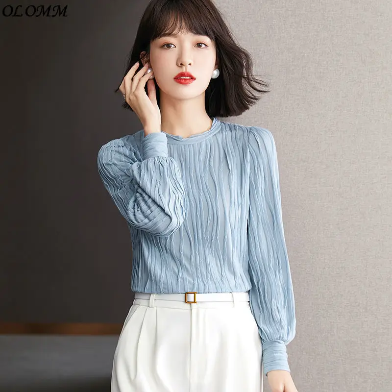 Sayaç Yeni Süper Yangın Üst Pilili Uzun Kollu T-shirt Moda Giysiler Kadın Tshirt Kawaii Giyim Y2k Gömlek Kore Mavi