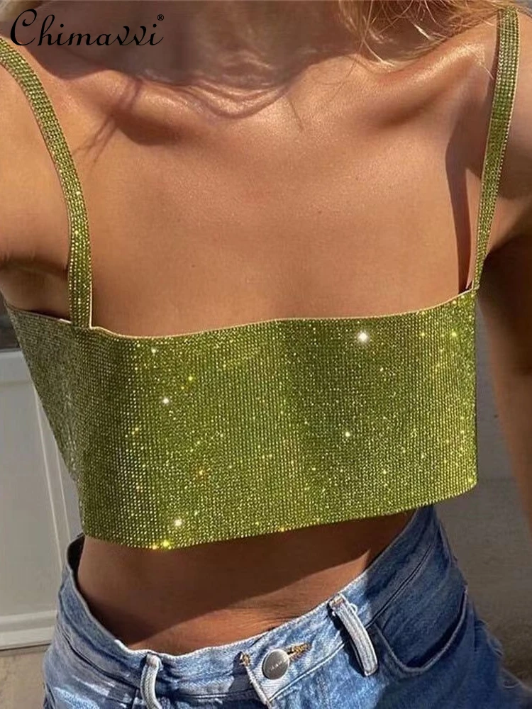 Seksi Backless Ultra Kısa off-Boyun Kaşkorse Bayanlar için 2022 Yaz Yeni Moda Metal Sequins Katı Renk Sling kadın