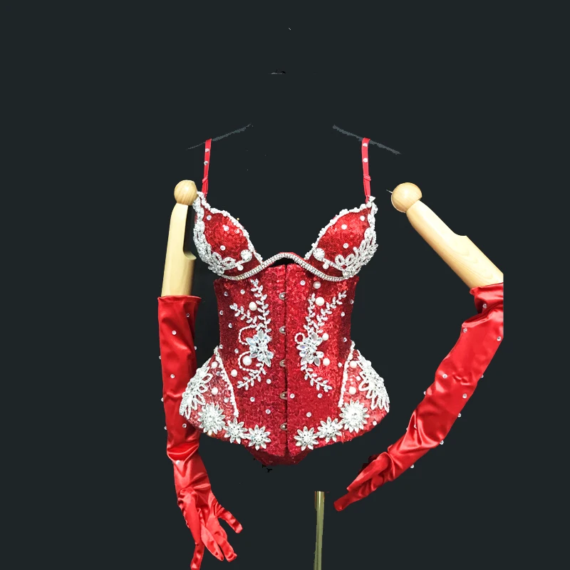 Seksi Kolsuz Kırmızı Rhinestones Bodysuit Eldiven Gece Kulübü Ds Dj Gogo Giyim Kadın Kutup Dans Rave Kıyafet Sürükle Kraliçe Kostüm XS5720