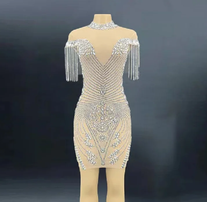 Seksi Kristaller See Through Rhinestones Zincirler Elbise Balo Parti Örgü Kostüm Akşam Dans Elbise Doğum Günü Kutlamak Kıyafet YOUDU