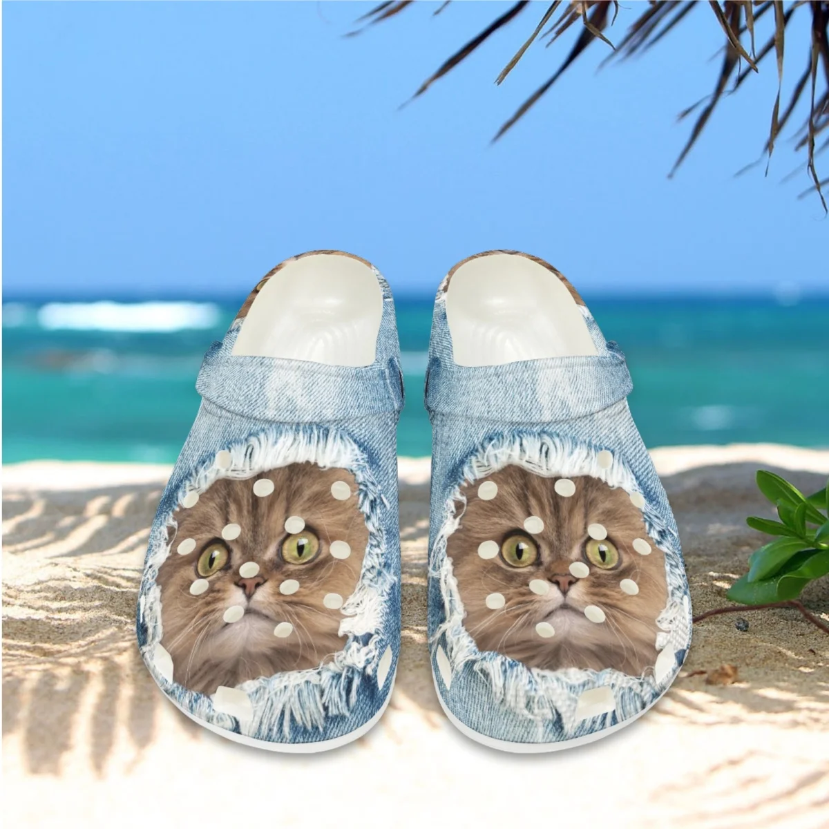 Sevimli Denim Kedi Baskılı Takunya Moda Açık Sokak Tüm Maç Sandalet Nefes Rahat Rahat Bayan Terlik Chaussure