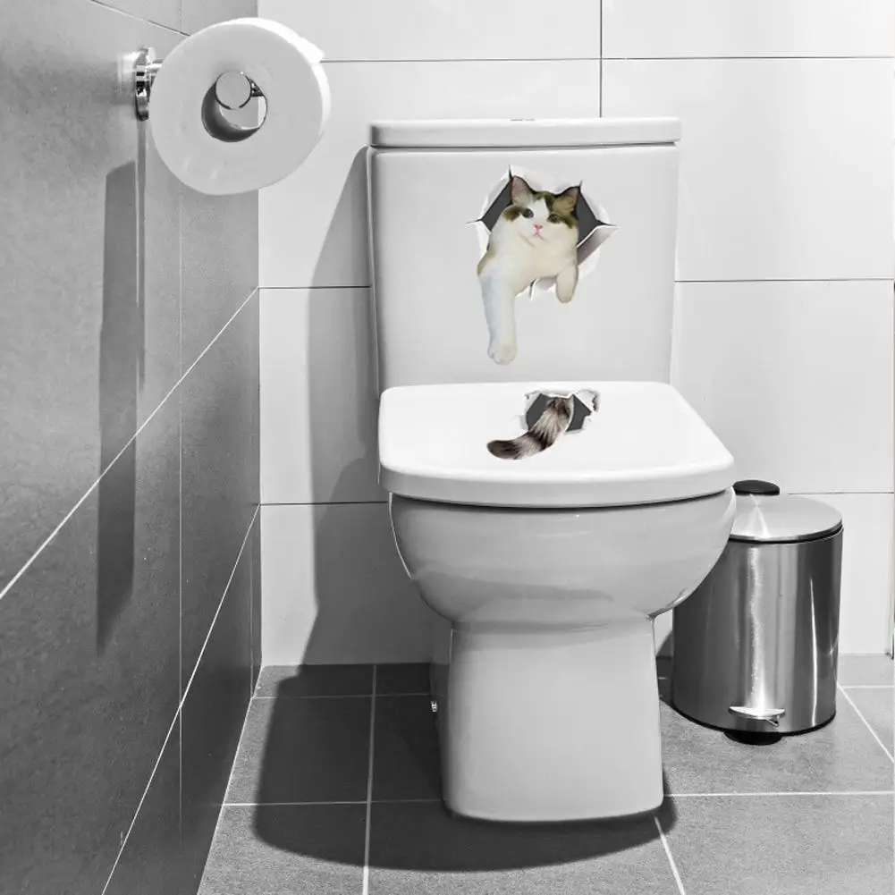 Tuvalet Çıkartmaları 3D Kedi Canlı Duvar Sticker 2021 Moda Güzel Hayvan Pvc Su Geçirmez Çıkartması Banyo Tuvalet Mutfak Dekoratif