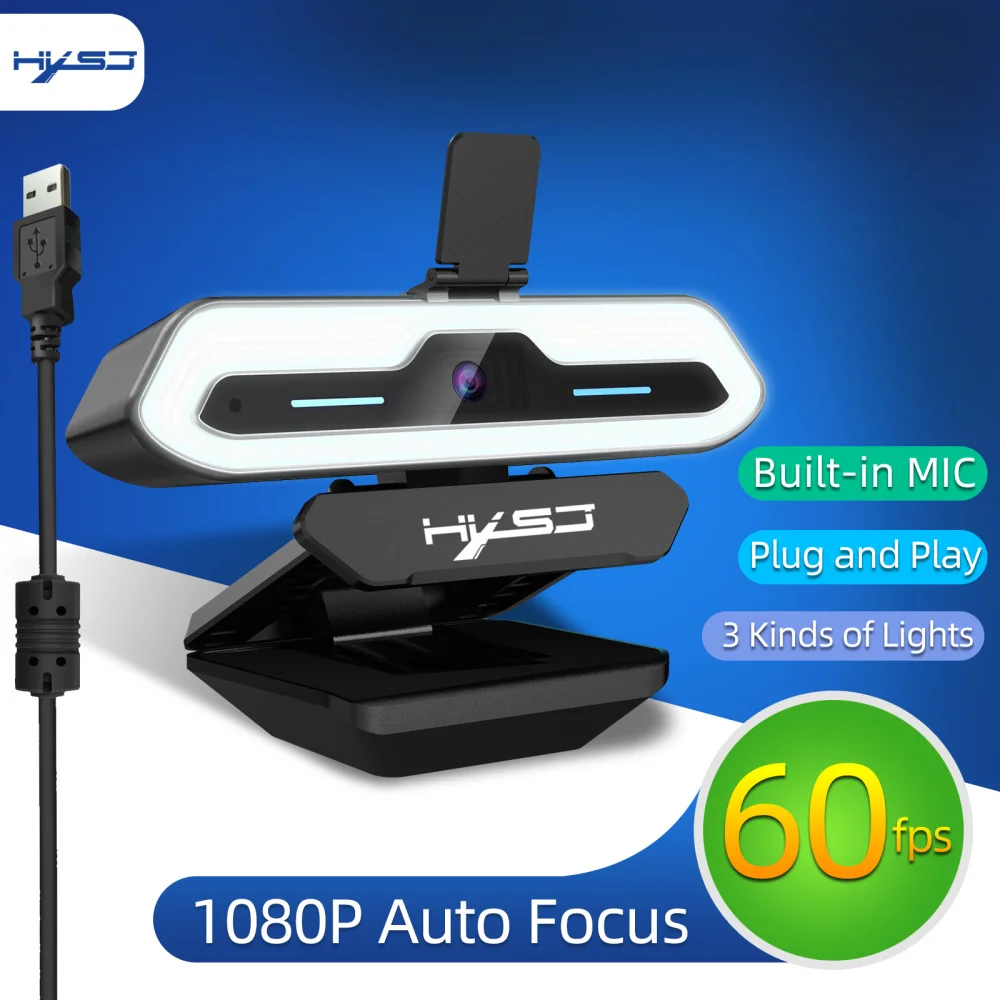 USB Full HD 1080 p kamerası otomatik odaklama dahili mikrofonlar kamera ile 3 renk dolgu ışığı AF Web cam için Windows Linux Mac OS