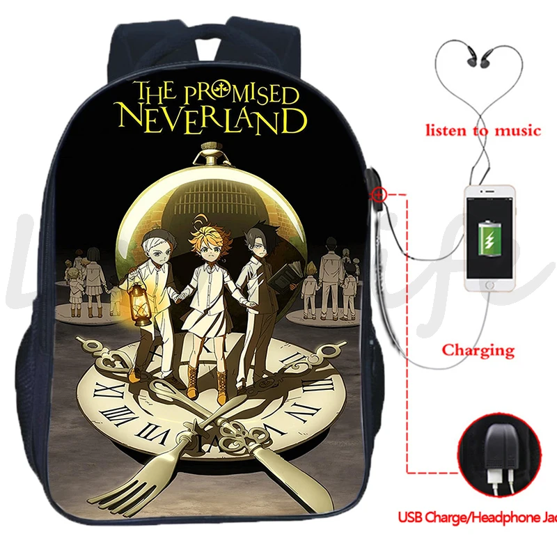 Vaat edilen Neverland Sırt Çantası erkek kız çocuk okul çantası Çocuklar Saklama Torbaları Gençler USB Şarj Seyahat Sırt Çantası Öğrencileri Anime Kitap çantası