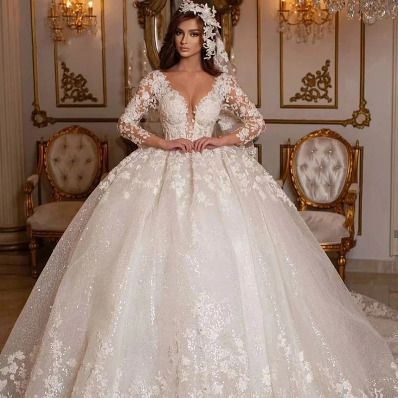 Vinca Güneşli Retro Dantel Gelinlik Prenses Balo Boncuk gelinlikler Tırmanmak Uzun Kollu Fildişi Dubai Evlilik Elbise
