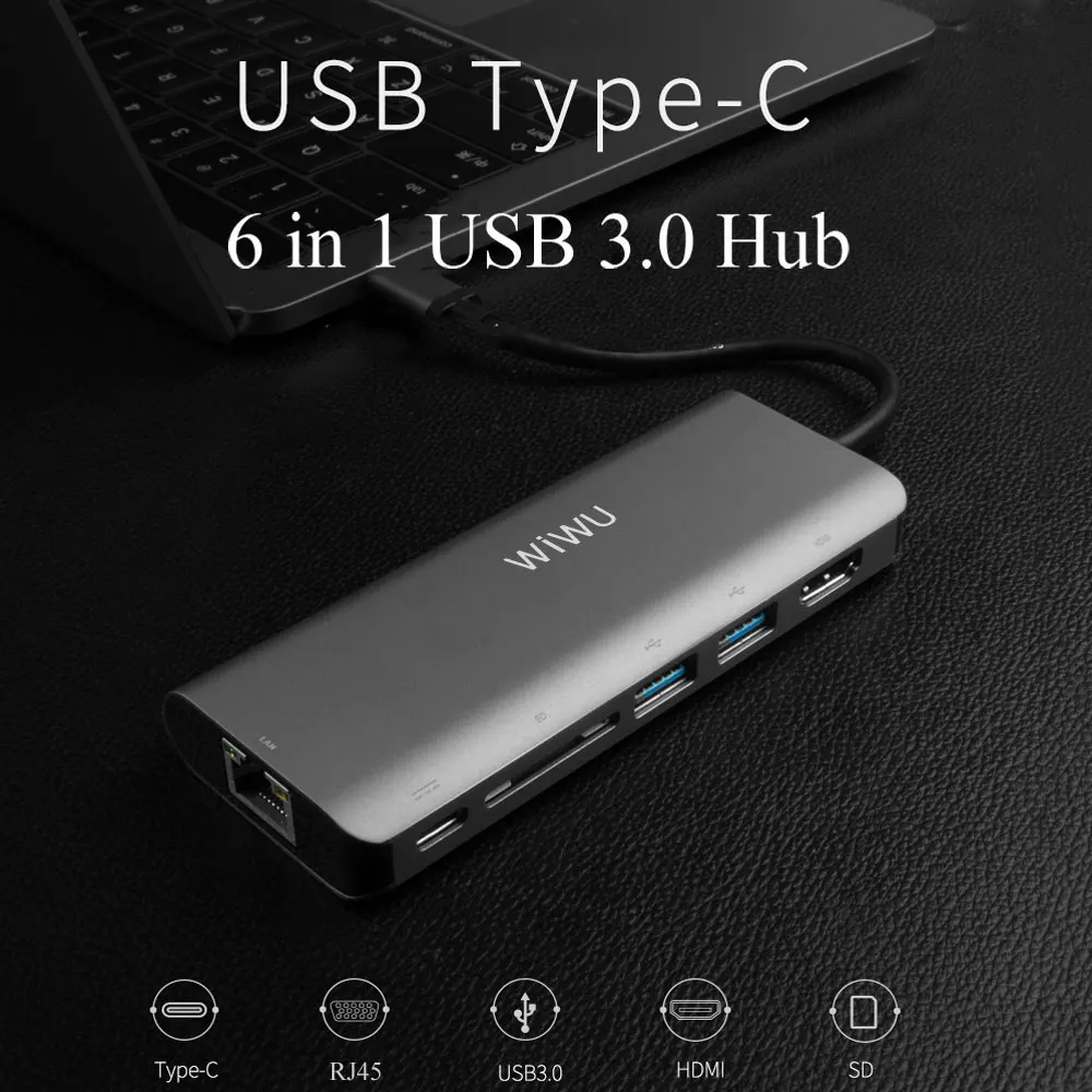 WIWU 6 in 1 USB 3.0 macbook için hub Pro Hava Çok fonksiyonlu USB Tip C 4 K Video HDMI / RJ45 USB Hub 3.0 Adaptörü şarj portu Hub