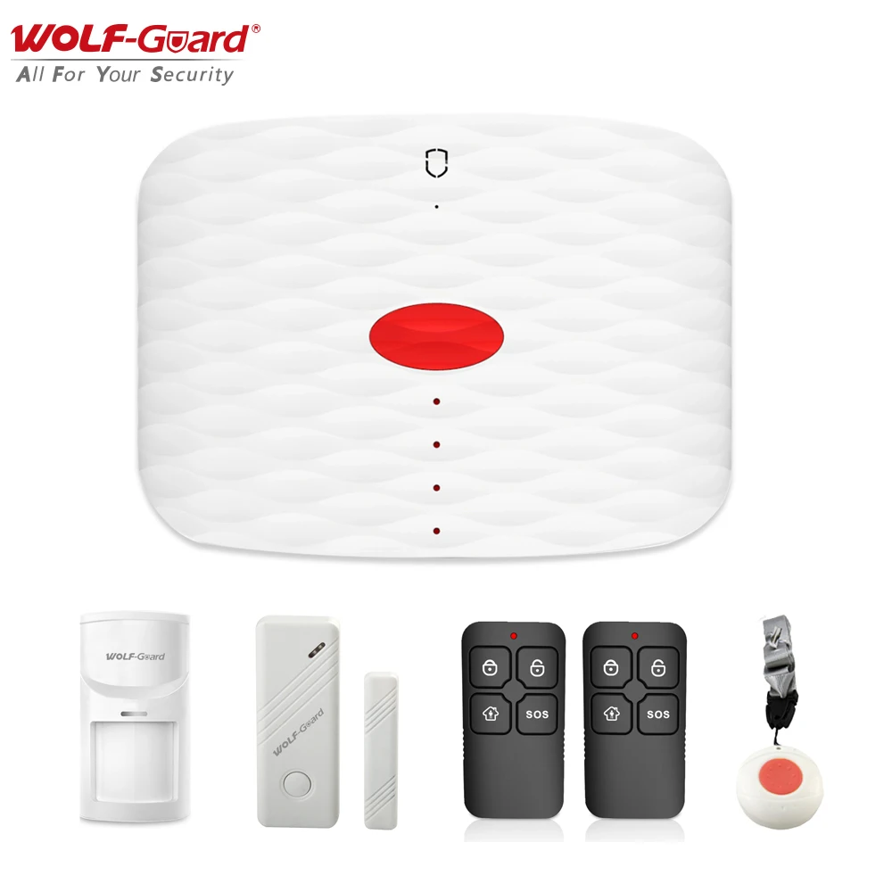 Wolf-Guard GSM SMS kablosuz ev alarmı Güvenlik Sistemi DIY Kiti SOS Düğmesi / PIR hareket dedektörü / Kapı Pencere Sensörü / Uzaktan Anahtar