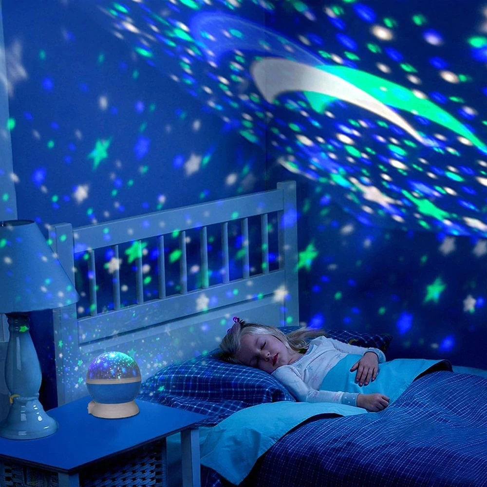 WooodPow Yıldız Yıldızlı Gökyüzü LED Gece Lambası yıldız ay ışığı dönen projektör lambası AA Pil / USB Powered DC 5V Çocuklar için Yatak Odası
