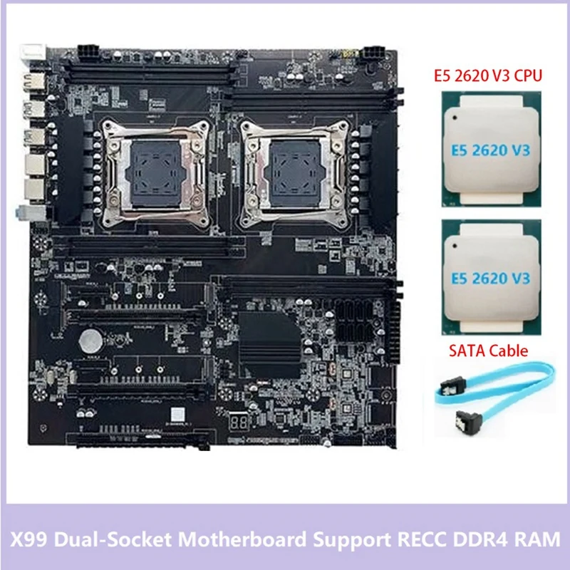 X99 Çift Soketli Anakart LGA2011 - 3 Çift CPU Desteği RECC DDR4 Bellek İle 2XE5 2620 V3 CPU + SATA Kablosu
