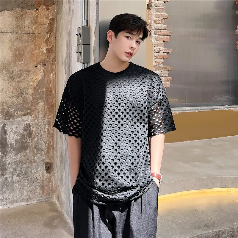 Yaz Erkekler İçi Boş Örgü Niş Kore Streetwear Moda Gevşek Rahat kısa kollu tişört Erkek Tees Gömlek Cityboy Tshirt