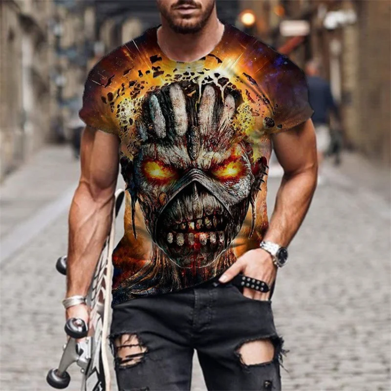 Yaz Kafatası Tema T-shirt 3D erkek Yüksek Sokak Baskı Korku Serisi Sert Adam T shirt Moda Üst erkek Büyük Boy Tshirt 6XL