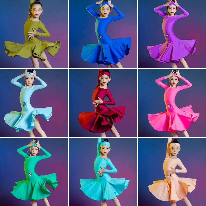 Yeni 9 Renkler Balo Salonu Dans Yarışması Elbise Kızlar Uzun Kollu Latin Dans Elbise Salsa Tango Chacha Uygulama Kostüm SL7744