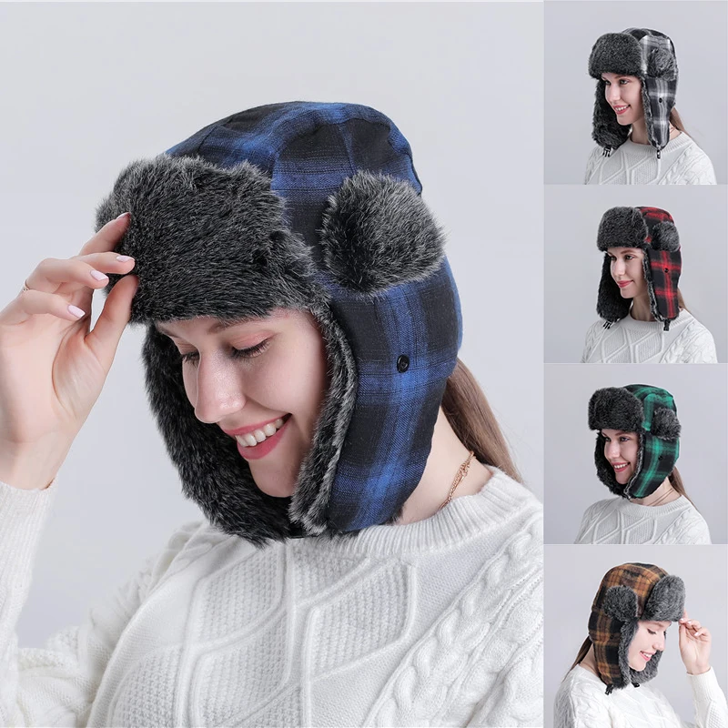 Yeni Kış Kulaklığı Kap Rus Şapka LeiFeng Kış Şapka Erkekler Bombacı Şapka Rüzgar Geçirmez Kadın Kürk Sıcak Kalın Ekose Kapaklar