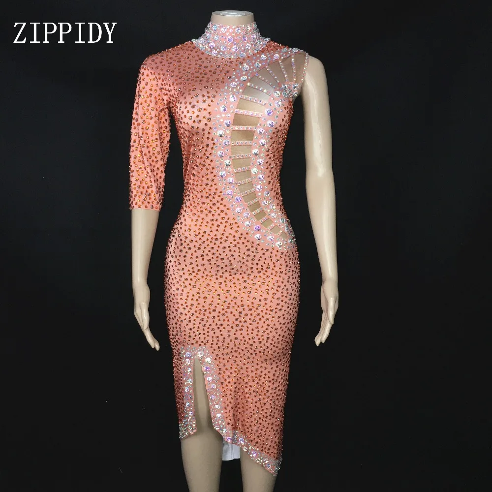 Yeni Tasarım Turuncu Rhinestones Tek Kollu Elbise AB Taşlar Doğum Günü Balo Elbise Kadın Şarkıcı Kostüm Dans Elbise