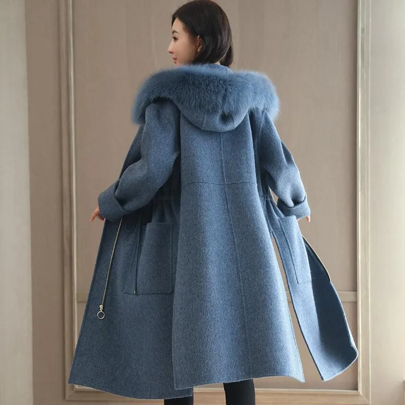 Yün Ceket Kadın Uzun Palto Sonbahar Kış Yeni Moda Kürk Yaka Kapşonlu Kalın Ayarlanabilir bel Gevşek Giyim s1755
