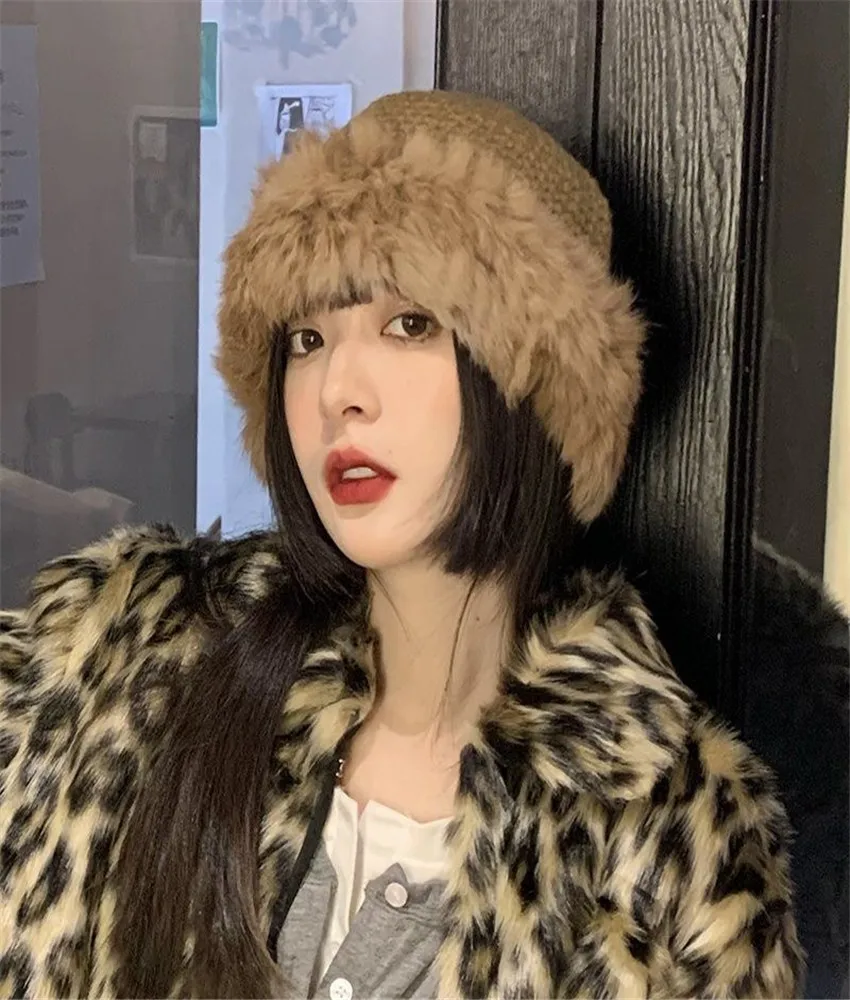 Yün Şapka Kadın Vahşi Kalın Sıcak Tavşan Kürk Saf Renk Sonbahar ve Kış Örme Balıkçı Şapka Yüksek Kaliteli Moda Japon