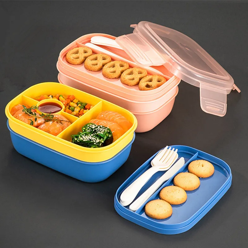 Çift Katmanlar yemek kabı Izgaraları Çocuk Mikrodalga Hermetik Bento Açık Piknik Meyve Gıda Saklama Kabı Çatal Kaşık Bıçak