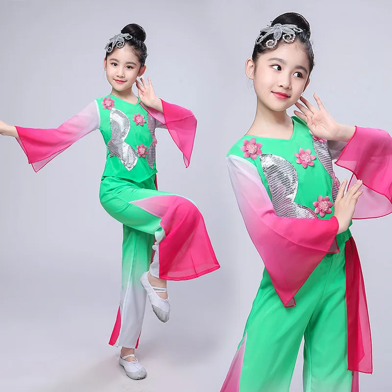 Çin tarzı Hanfu yeni stil çocuk Yangko giyim ulusal dans kostümleri fan dans klasik dans performansı giyim