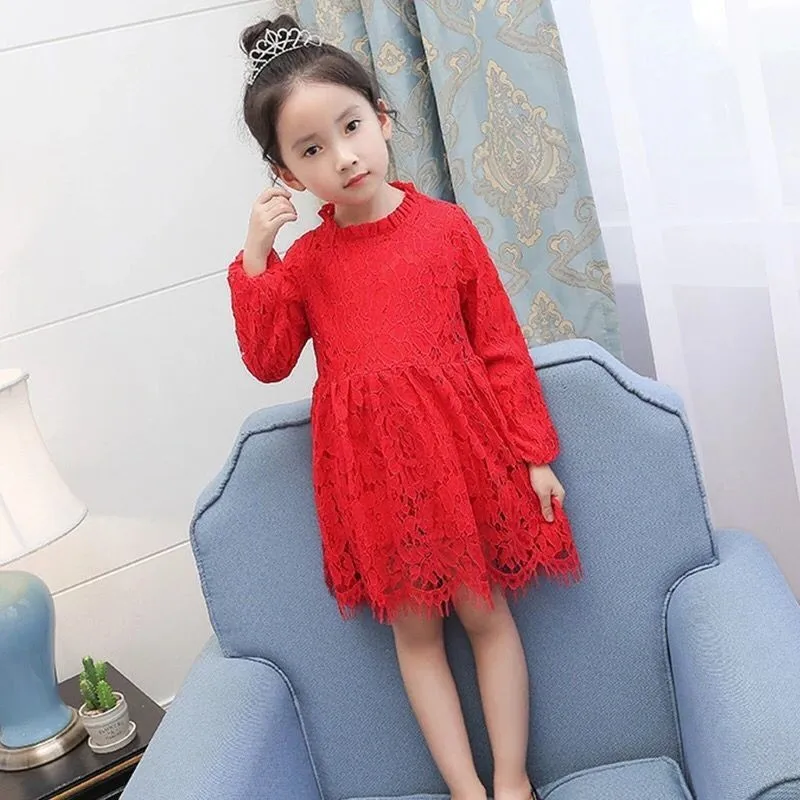 Çocuk giyim 2019 İlkbahar ve Sonbahar Dış Fener Kollu Kız Elbise Pilili Standı Yaka Kirpik Dantel Elbise k1