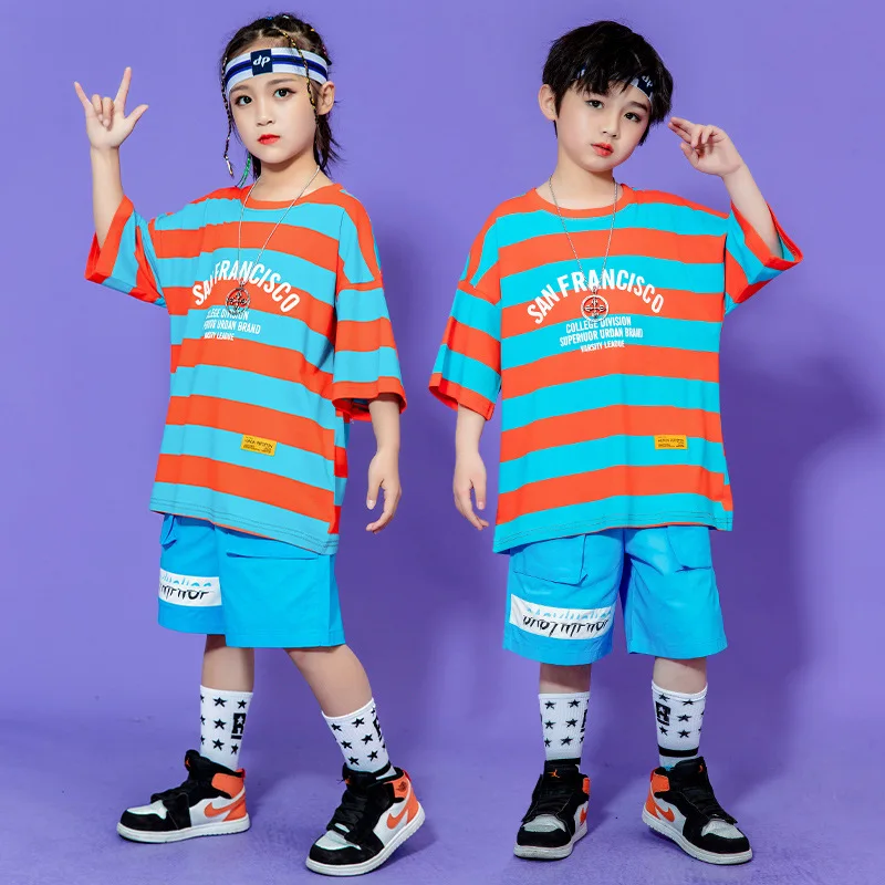 Çocuk Kpop Hip Hop Giyim Şerit Büyük Boy T Shirt Üst Mavi Yaz Cep Şort Kız Erkek Caz dans kostümü Dans Elbise