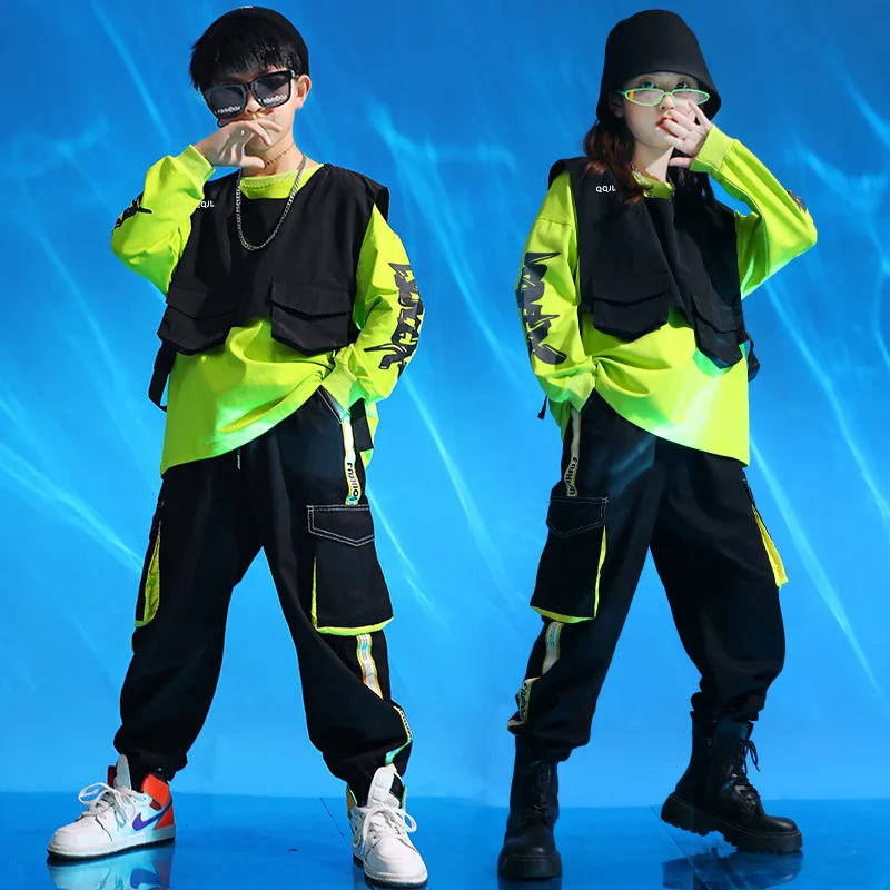Çocuk Serin Kpop Hip Hop Giyim Büyük Boy Kazak Üst Streetwear Taktik Kargo Pantolon Kız Erkek Caz dans kostümü Elbise