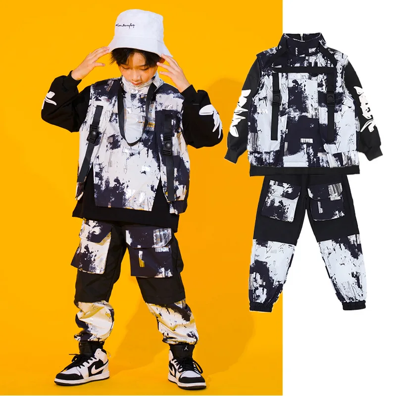 Çocuklar Hip Hop Giyim Balıkçı Yaka Ceket Üst Gömlek Camo Taktik Kargo Pantolon Kız Erkek Caz Dans Costumestreet Giyim Kıyafet
